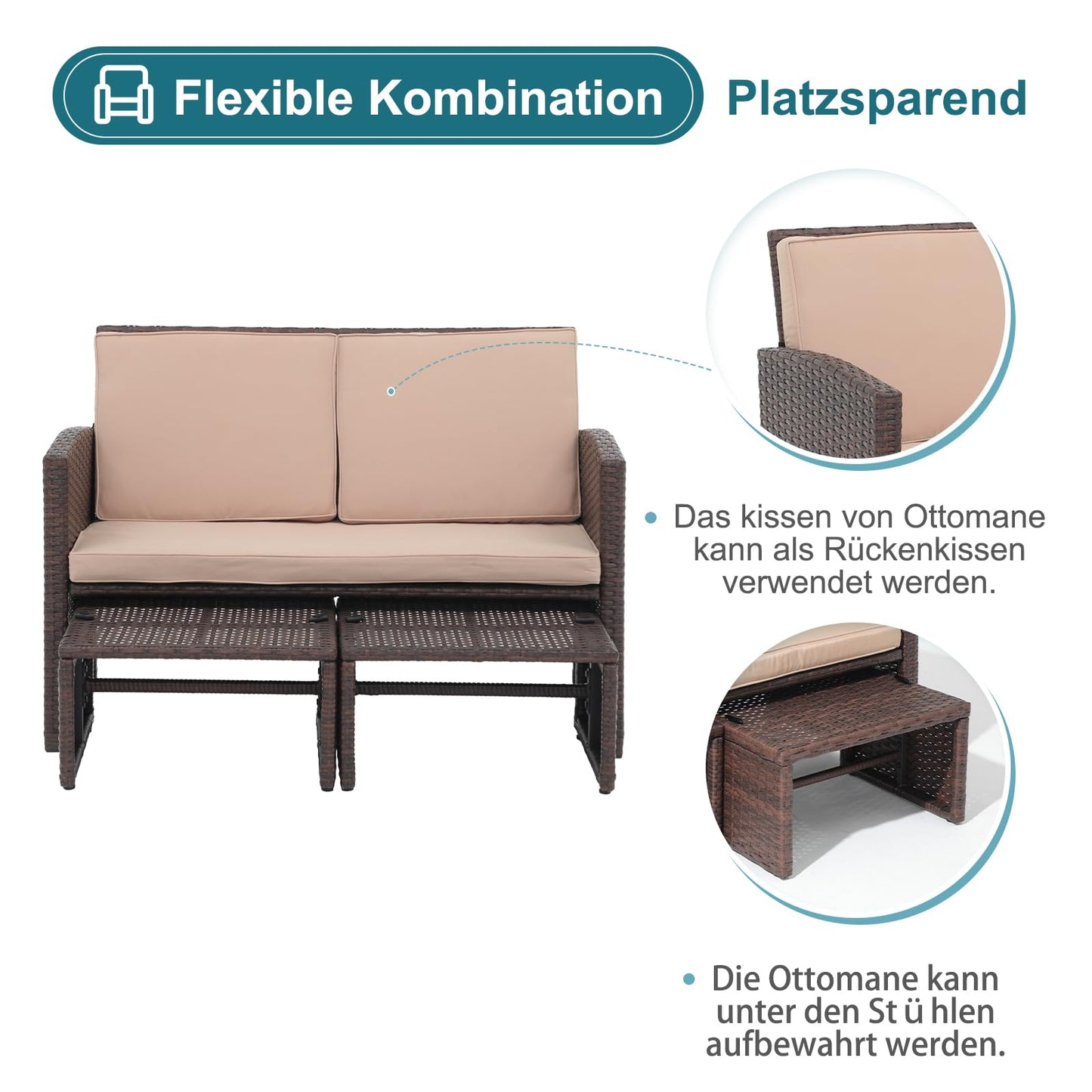 OC Orange-Casual Outdoor Loveseat Set, Rattan Gartenbank mit Hockern