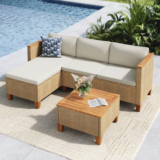 MFSTUDIO Gartenlounge Set Outdoor, Rattan Sofa mit Holztisch für 4 Personen