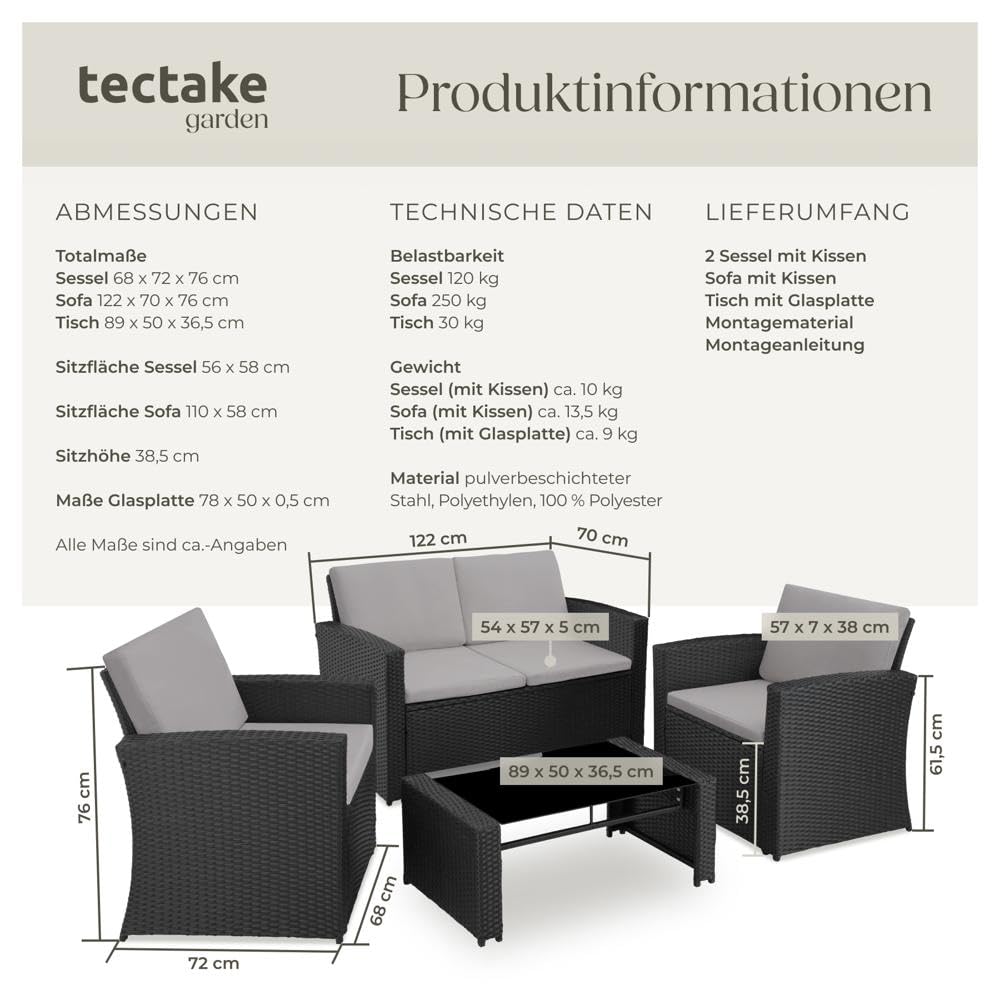 Gartenmöbel Set 12-teilig, Poly Rattan Lounge für 4 Personen