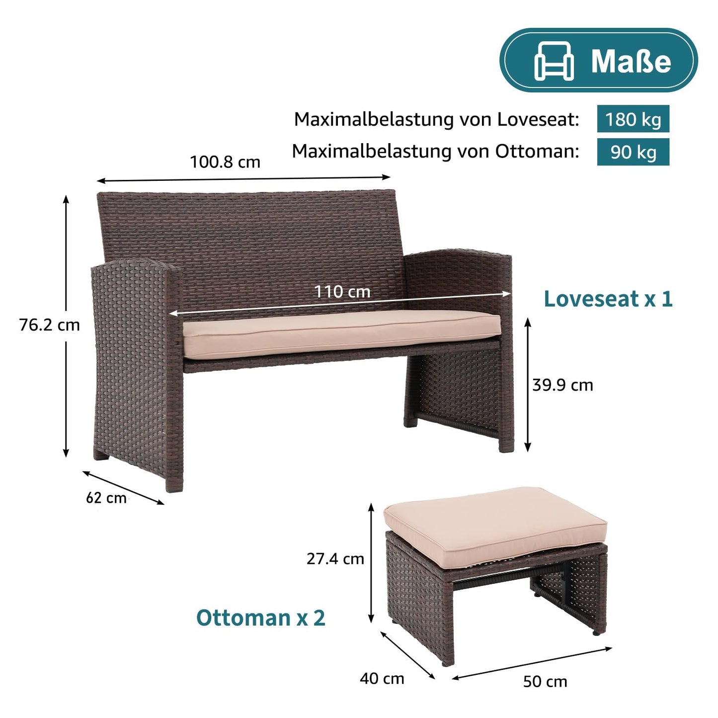 OC Orange-Casual Outdoor Loveseat Set, Rattan Gartenbank mit Hockern