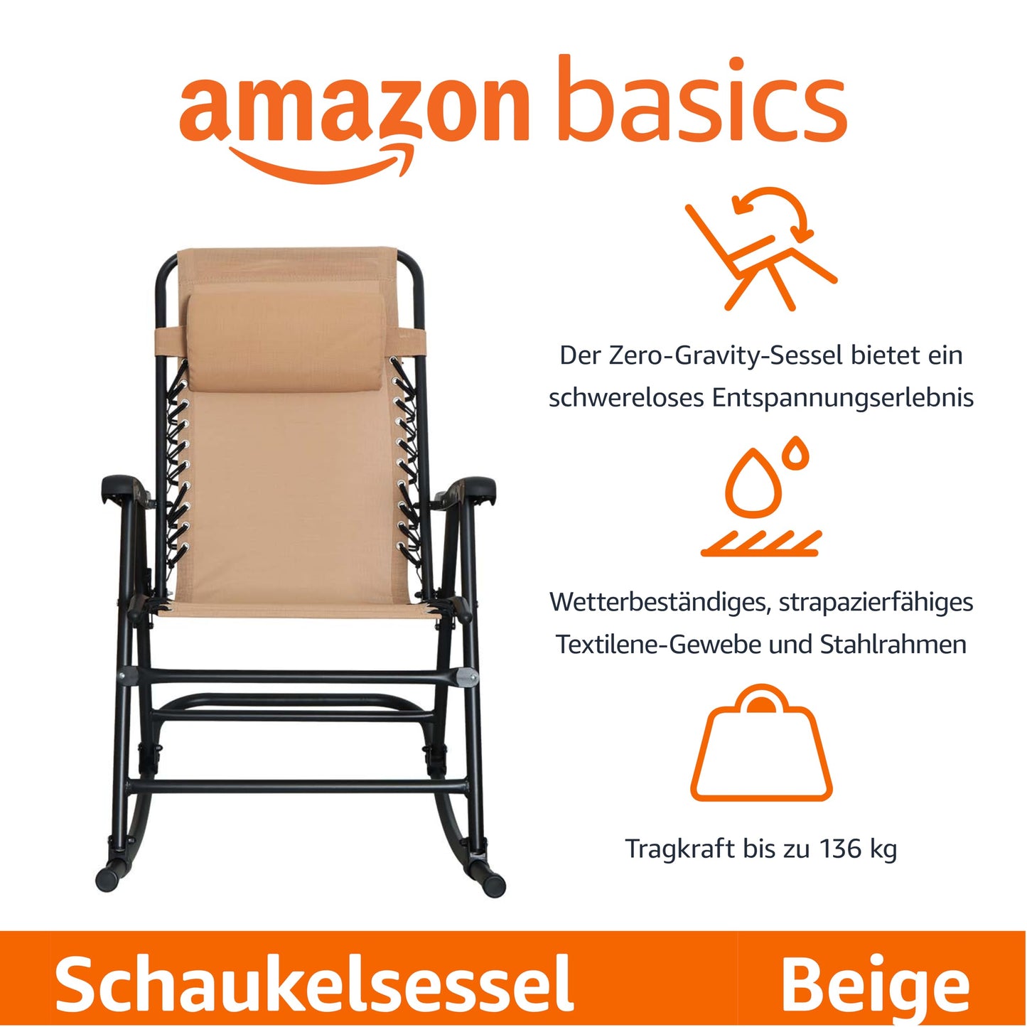 Basics Relax Schaukelstuhl faltbar mit Kopfstütze Beige