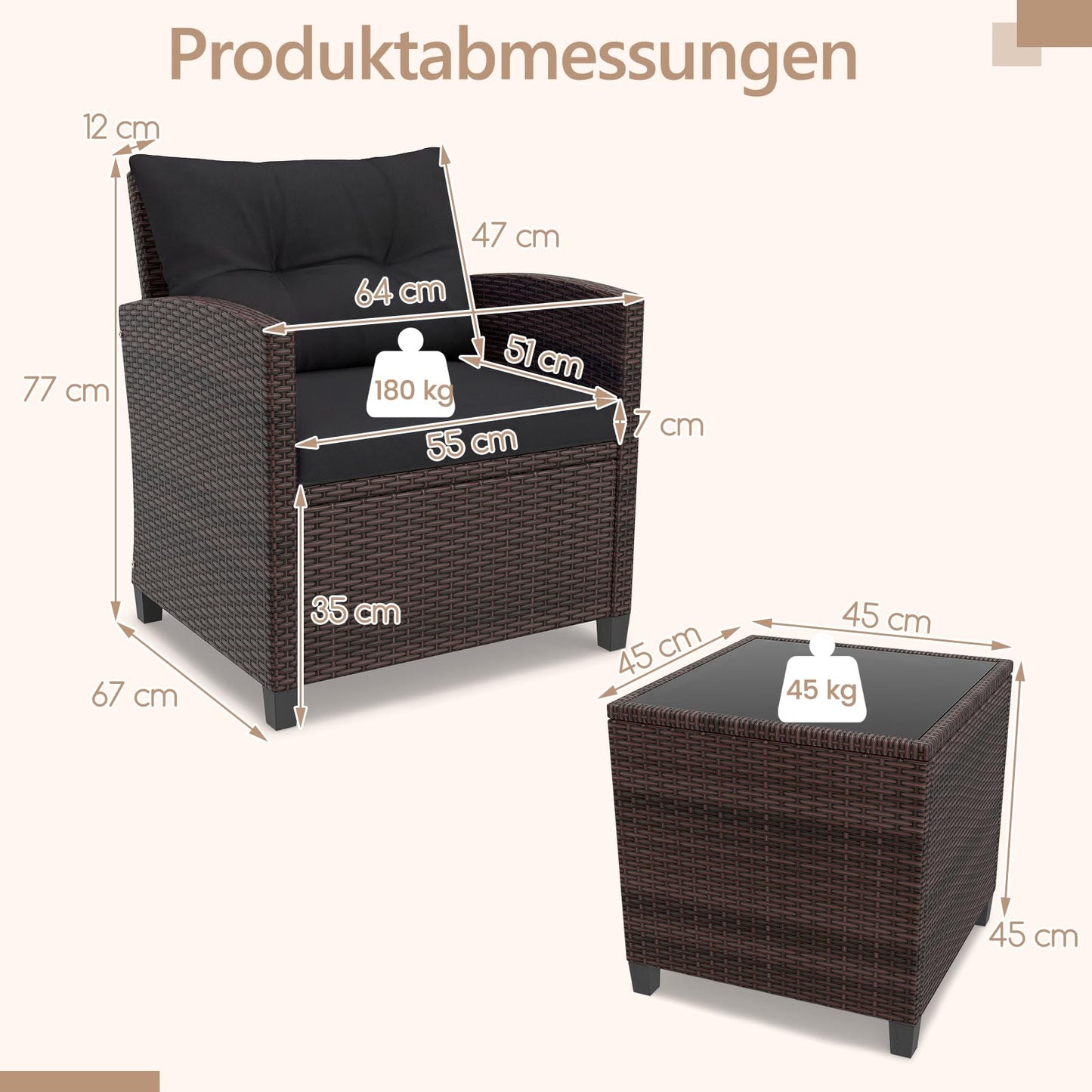 GIANTEX Balkonmöbel Set, 2 Sessel mit Tisch, inkl. Sitzkissen