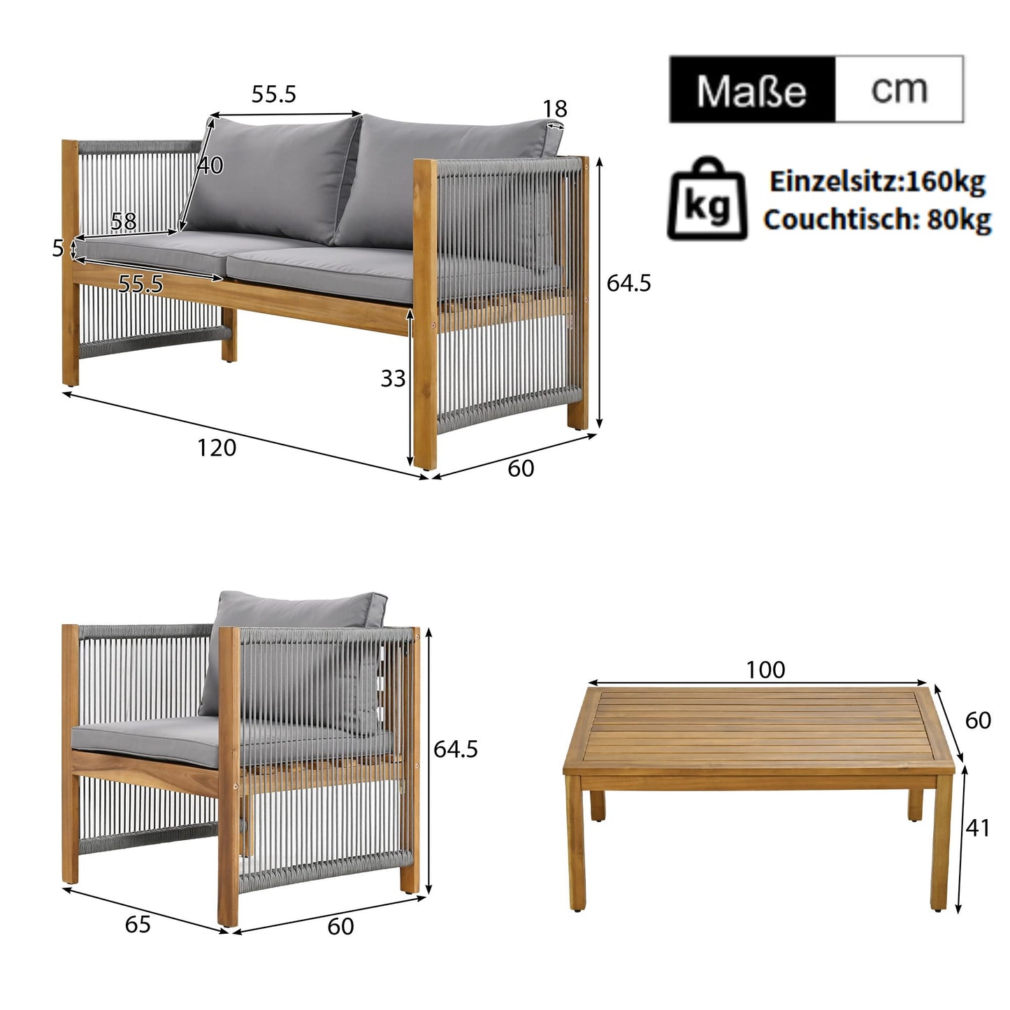 Jtyca Lounge Möbel Outdoor, Gartenmöbel Set mit Sofa, 2 Sesseln und Tisch