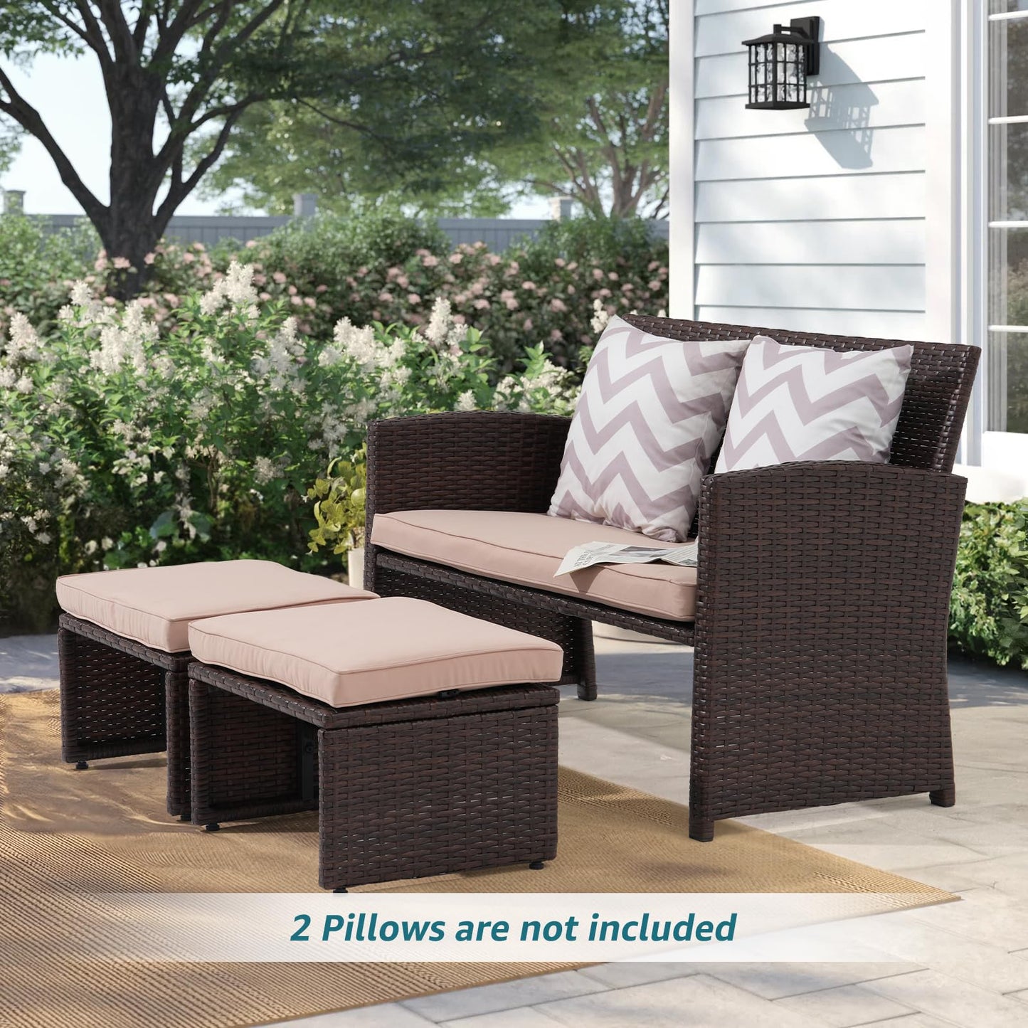 OC Orange-Casual Outdoor Loveseat Set, Rattan Gartenbank mit Hockern