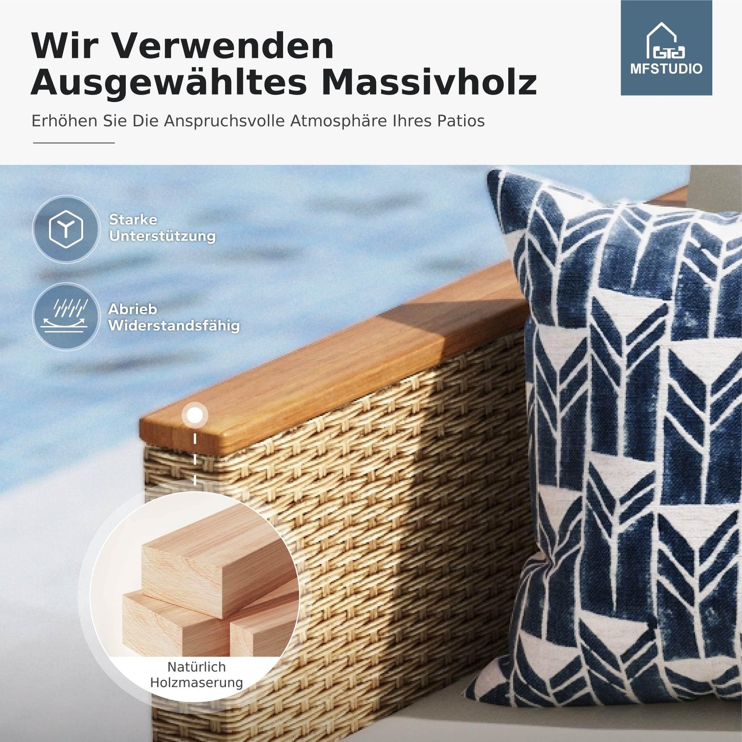 MFSTUDIO Gartenlounge Set Outdoor, Rattan Sofa mit Holztisch für 4 Personen