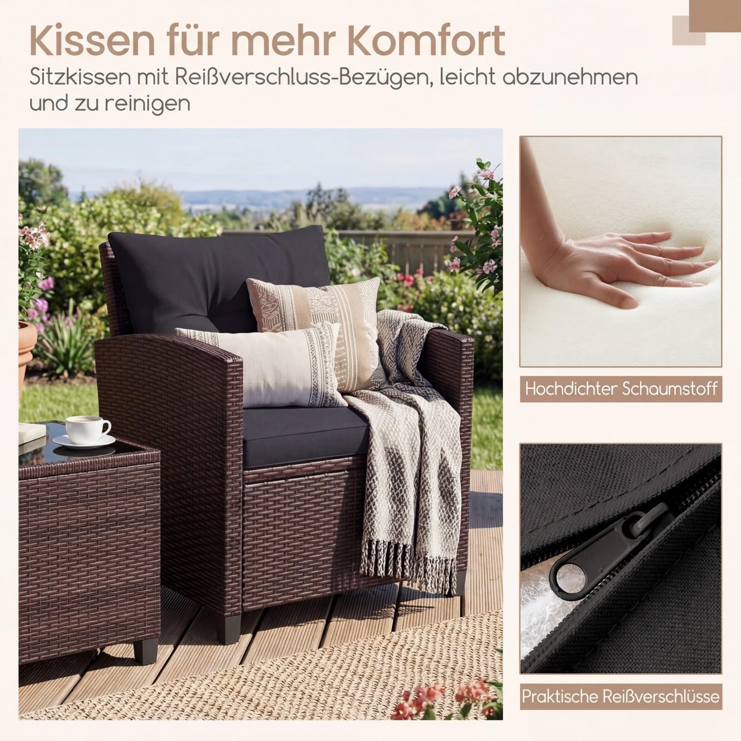 GIANTEX Balkonmöbel Set, 2 Sessel mit Tisch, inkl. Sitzkissen