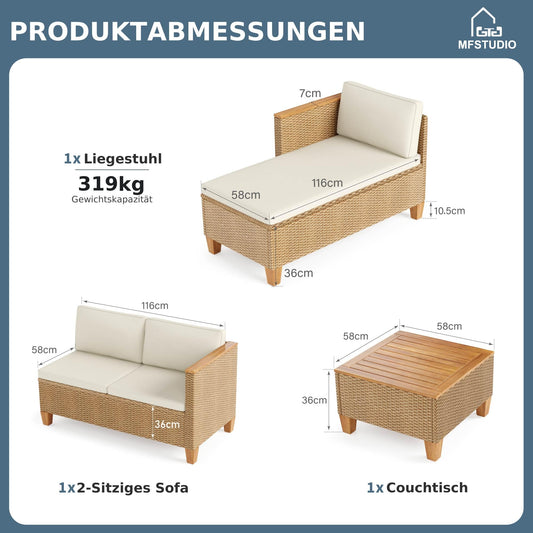MFSTUDIO Gartenlounge Set Outdoor, Rattan Sofa mit Holztisch für 4 Personen