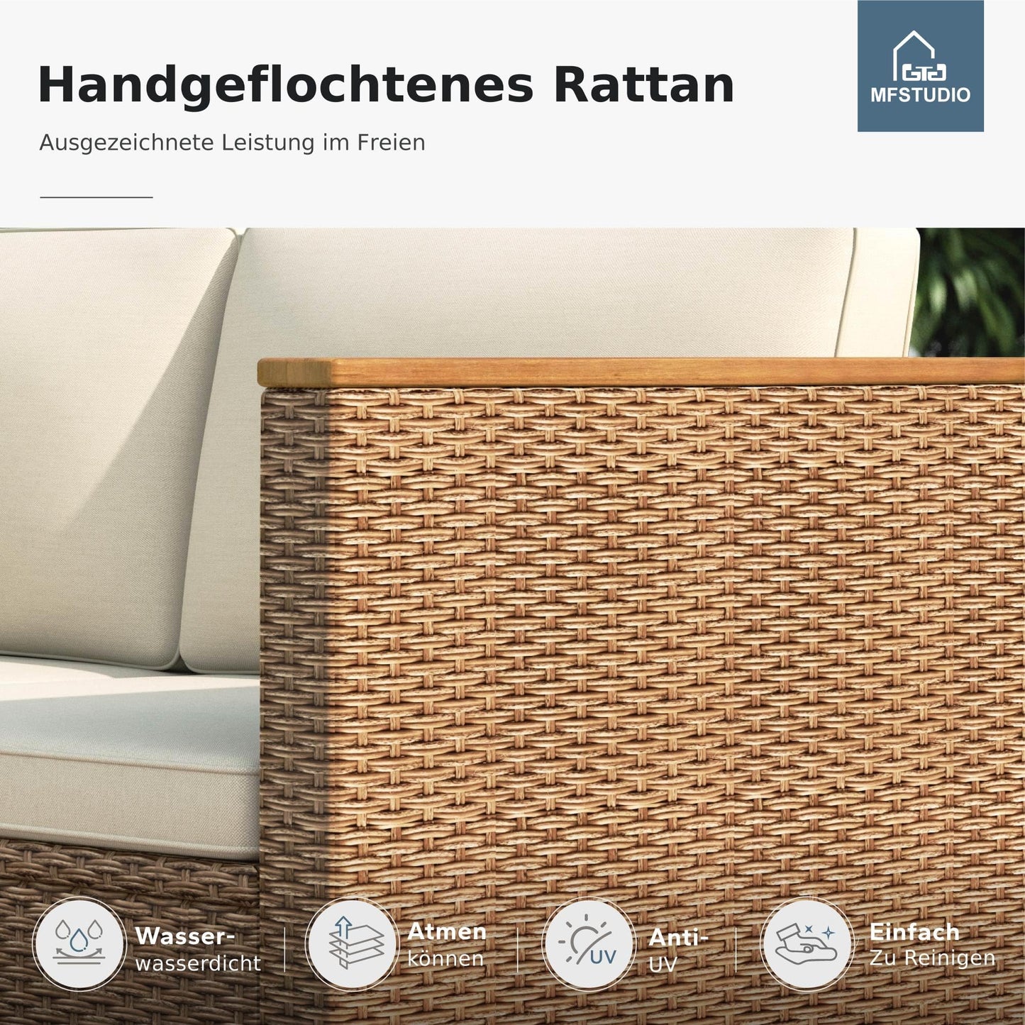 MFSTUDIO Gartenlounge Set Outdoor, Rattan Sofa mit Holztisch für 4 Personen