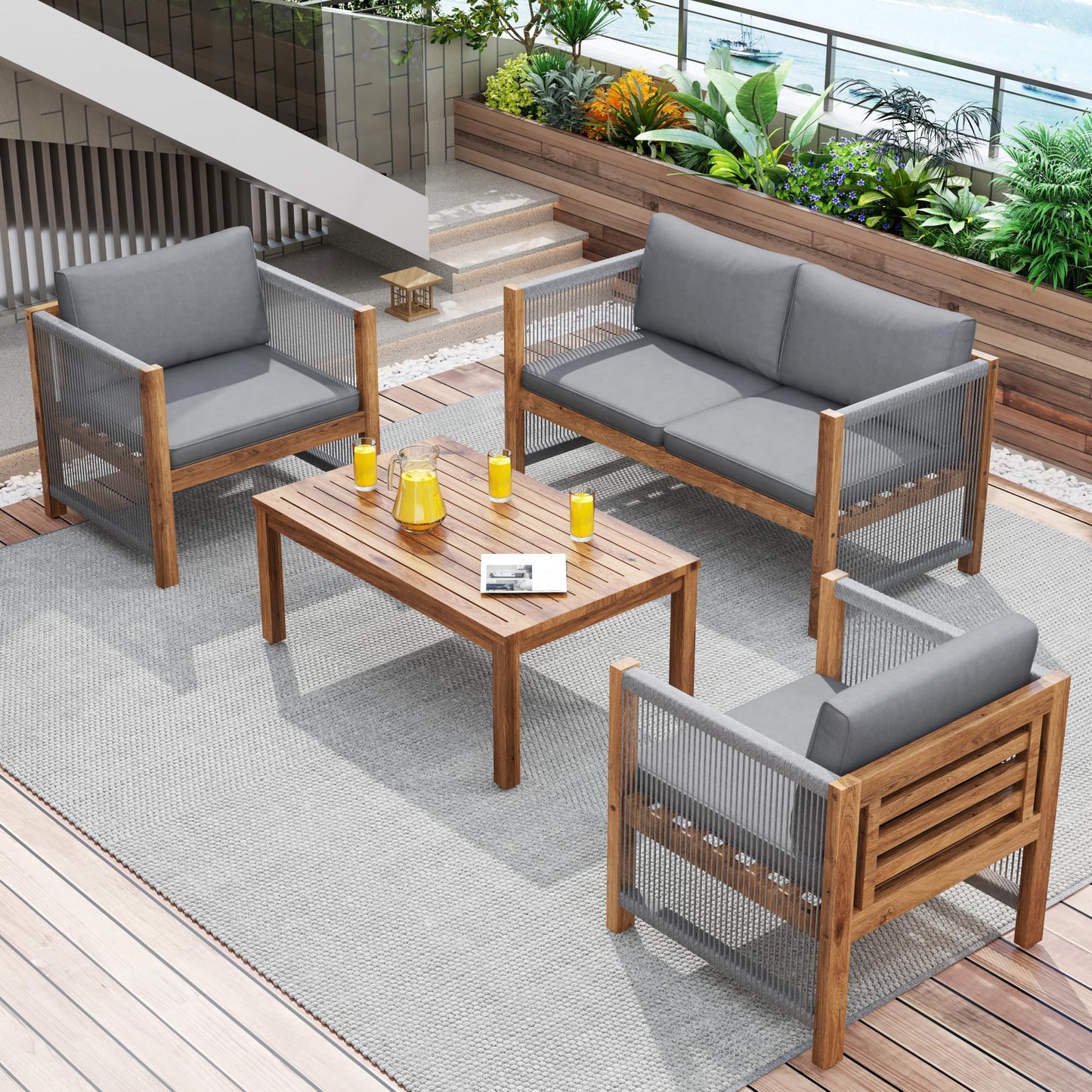 Jtyca Lounge Möbel Outdoor, Gartenmöbel Set mit Sofa, 2 Sesseln und Tisch