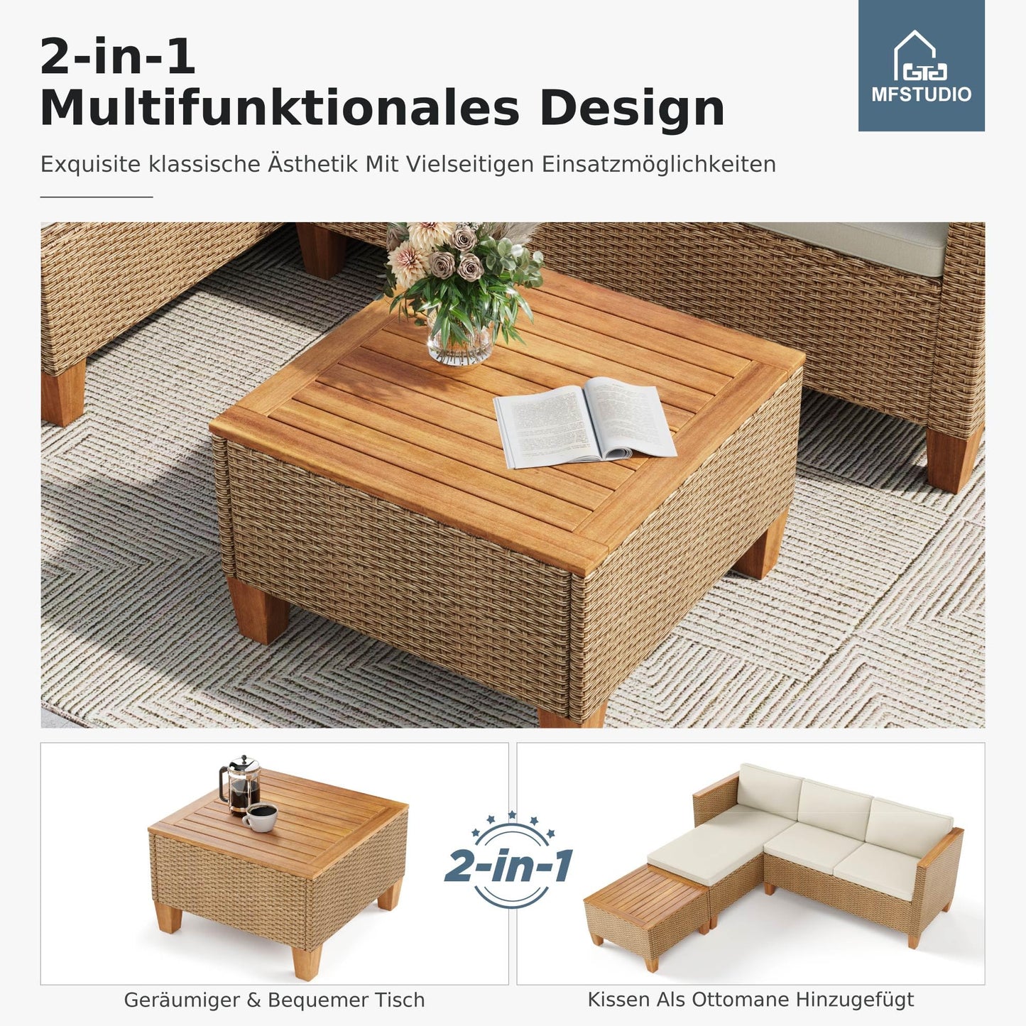 MFSTUDIO Gartenlounge Set Outdoor, Rattan Sofa mit Holztisch für 4 Personen