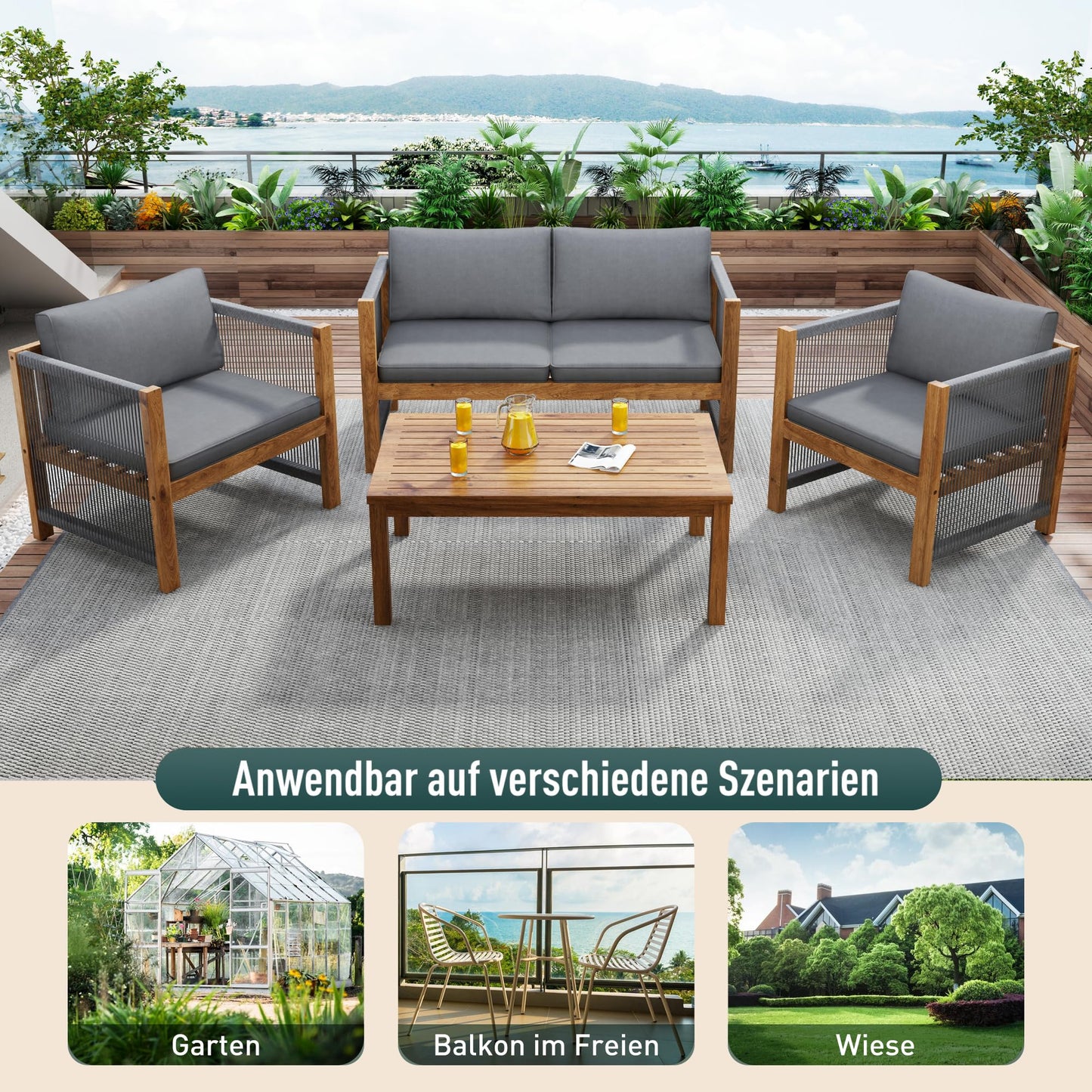 Jtyca Lounge Möbel Outdoor, Gartenmöbel Set mit Sofa, 2 Sesseln und Tisch